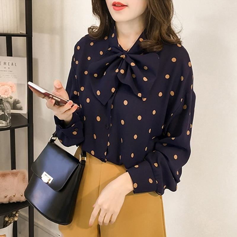 Polka Dot Long Sleeve Shirt women Chiffon Blouse - Long Sleeve