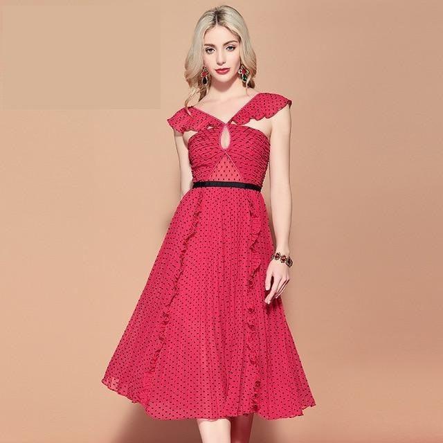 Polka Dot Off Shoulder Sexy v Neck Ruffles Pleated Midi Dress - TeresaCollections