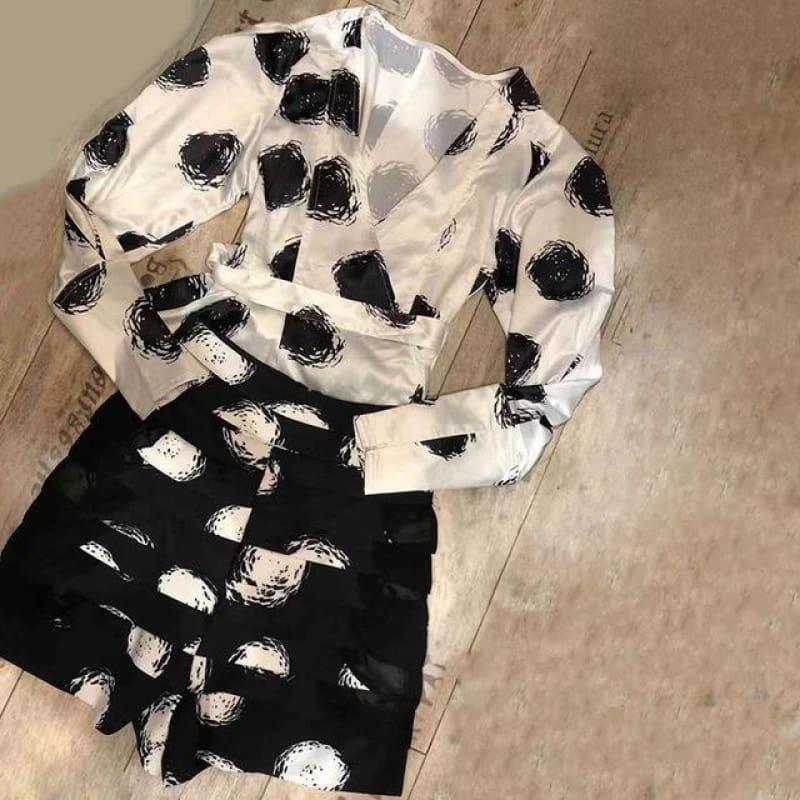 Polka Dot Two Piece Sets Female V Neck Lantern Long Sleeve Pullover Top High Waist Short - Black / L - Set