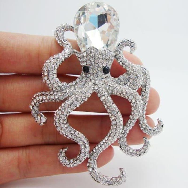 Pretty Elegant Octopus Clear Rhinestone Crystal Silver-plated Brooch Pins Pendant Unique Gifts for girl - Default title - Brooch