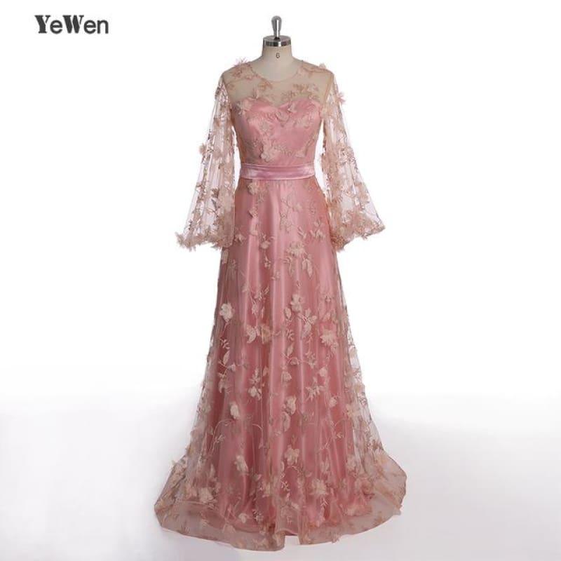Princess Long Sleeves Flower Formal Evening Sweetheart Sexy Beach Prom Evening Dress - Pink / 2 - Gown