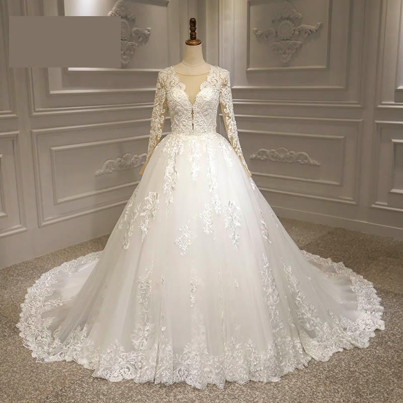 Princess Sheer V Neck Lace Long Sleeve Wedding Dress Bridal Gowns - TeresaCollections