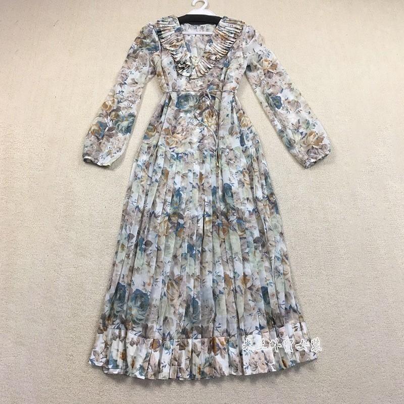 Print Puff Long Sleeve Lace Up High Waist Pleated Midi Dress - Print / L - Midi Dress