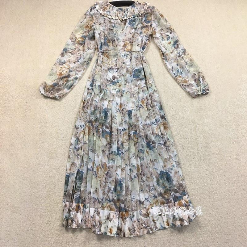 Print Puff Long Sleeve Lace Up High Waist Pleated Midi Dress - Midi Dress