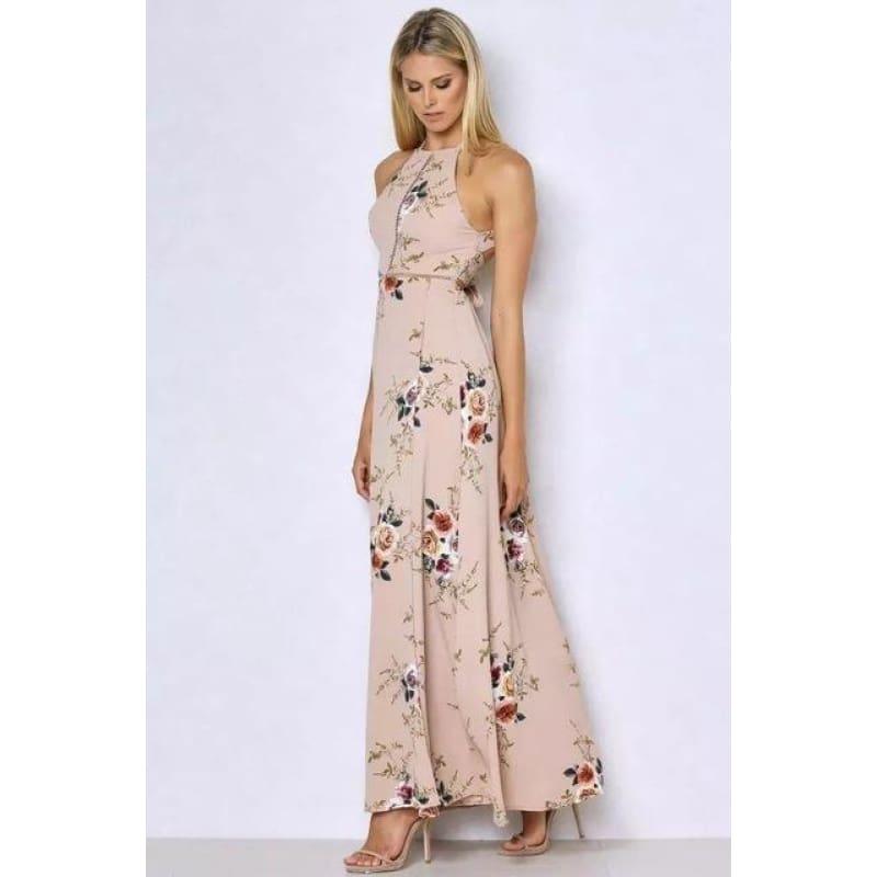 Printed Floral Halter Chiffon Backless Summer Maxi Dress - Kahki / L - Maxi Dress