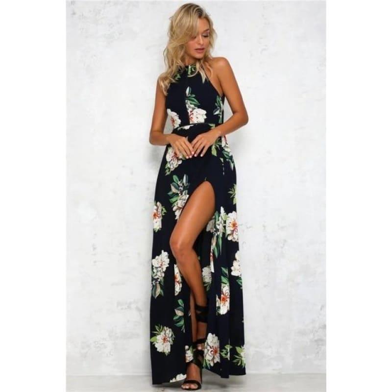 Printed Floral Halter Chiffon Backless Summer Maxi Dress - Navyblue / XXL - Maxi Dress