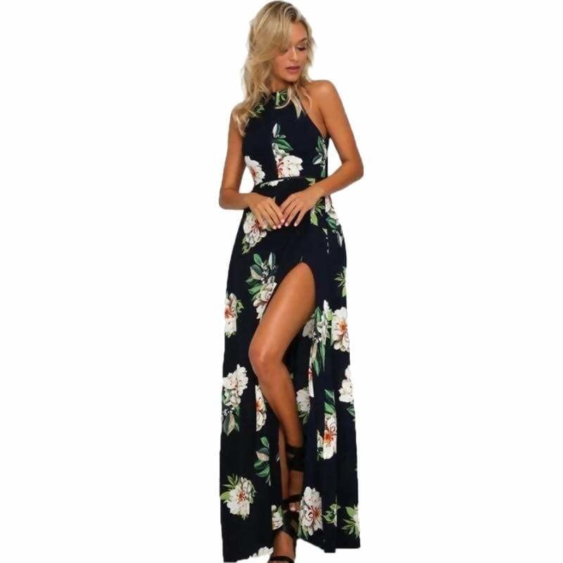 Printed Floral Halter Chiffon Backless Summer Maxi Dress - Maxi Dress