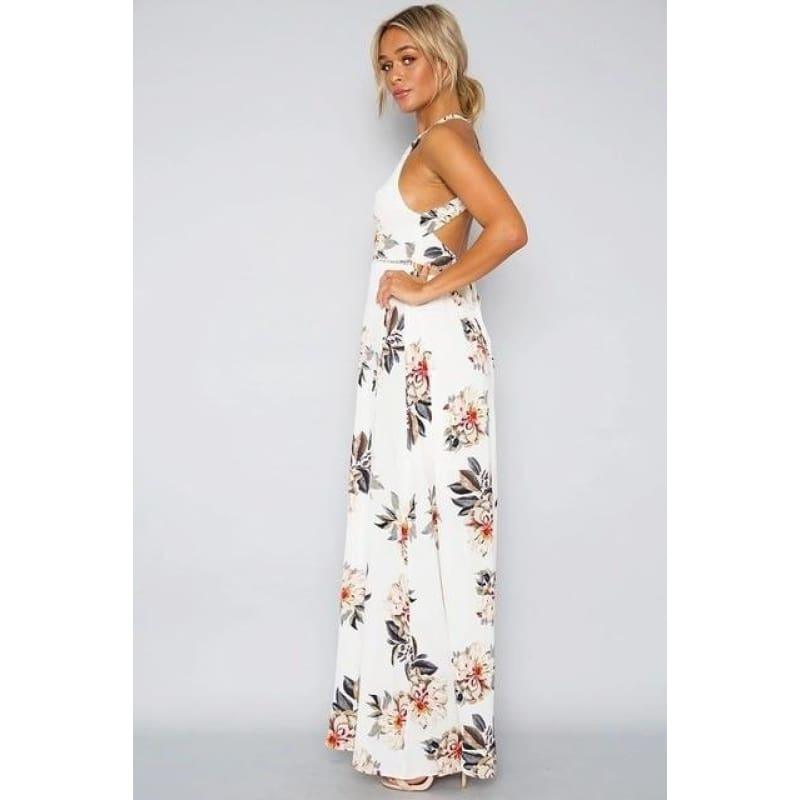 Printed Floral Halter Chiffon Backless Summer Maxi Dress - White / L - Maxi Dress