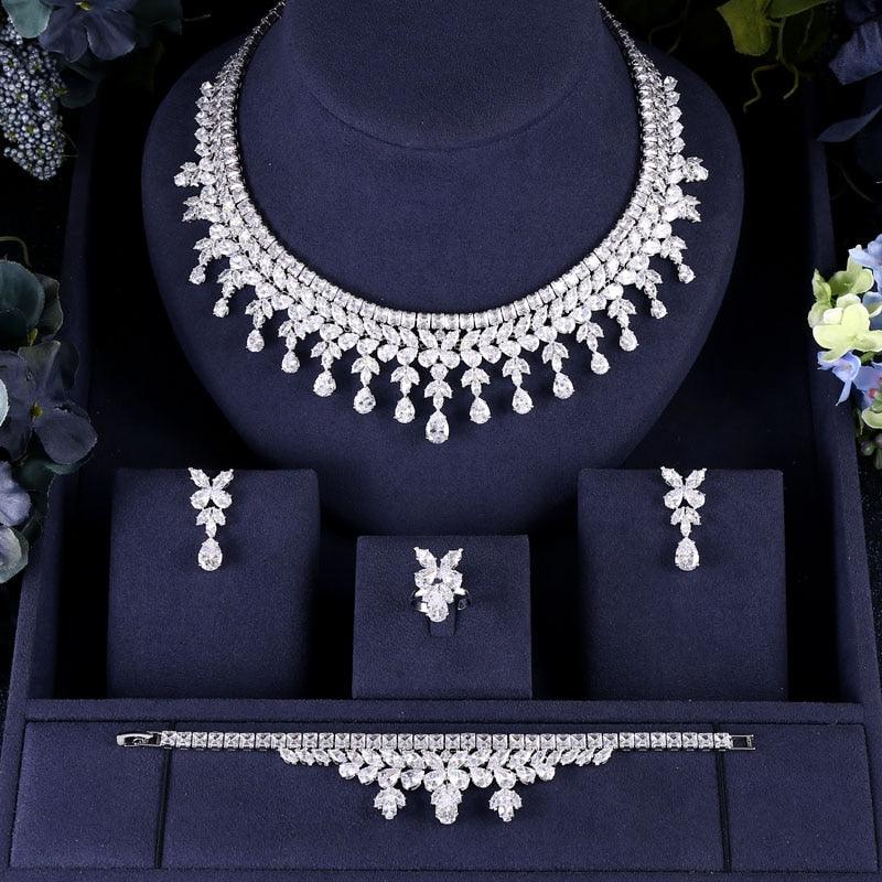 Luxury Cubic Zirconia Necklace Bracelet Earrings and Ring 4Jewelry Set - TeresaCollections