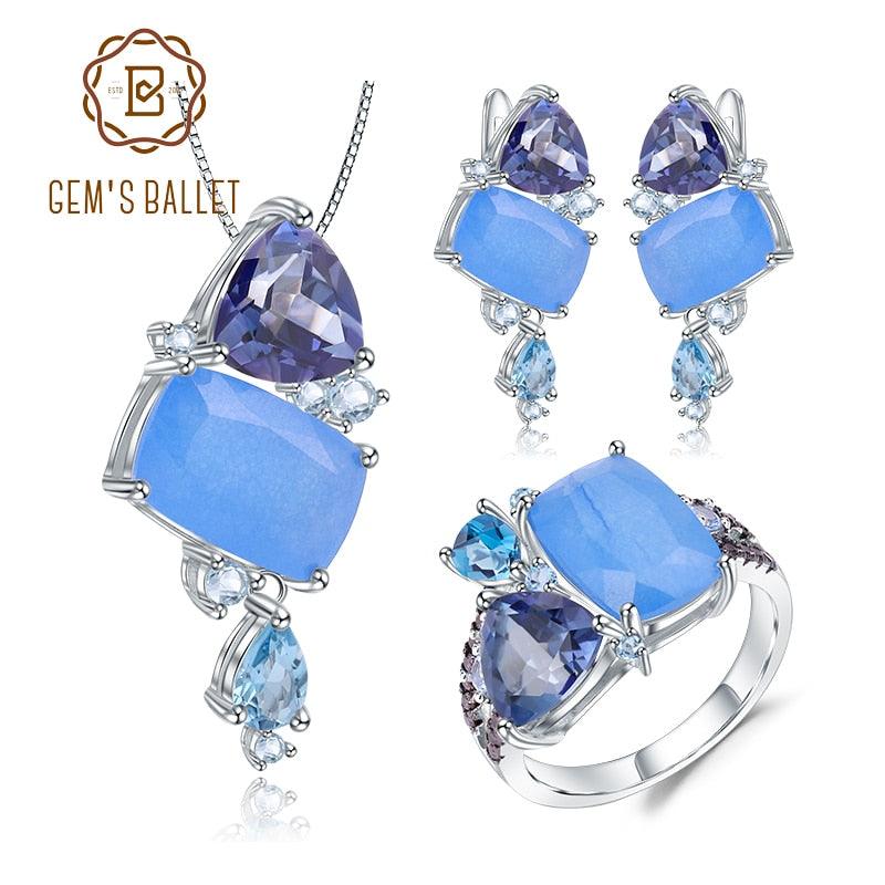 Candy Color Irregular  Aqua-blue Calcedony 925 Sterling Silver Ring Earrings Pendant Jewelry Set - TeresaCollections