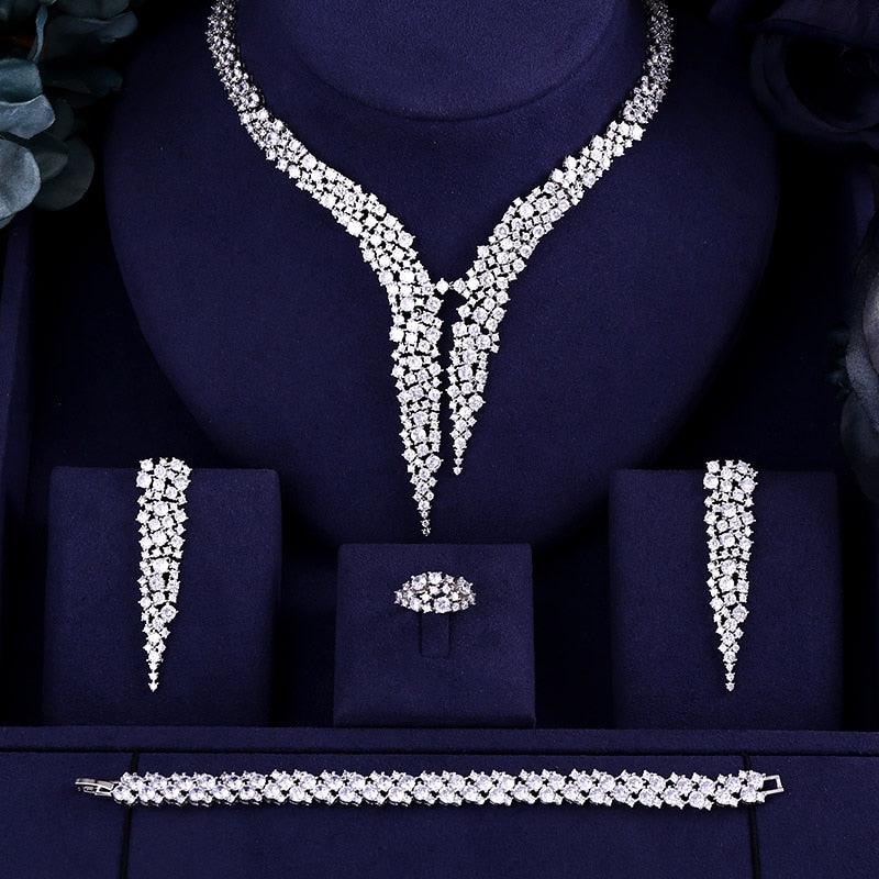 Sparkling ing Brilliant Cubic Zircon Drop Earring Necklace Wedding Bridal jewelry Sets - TeresaCollections