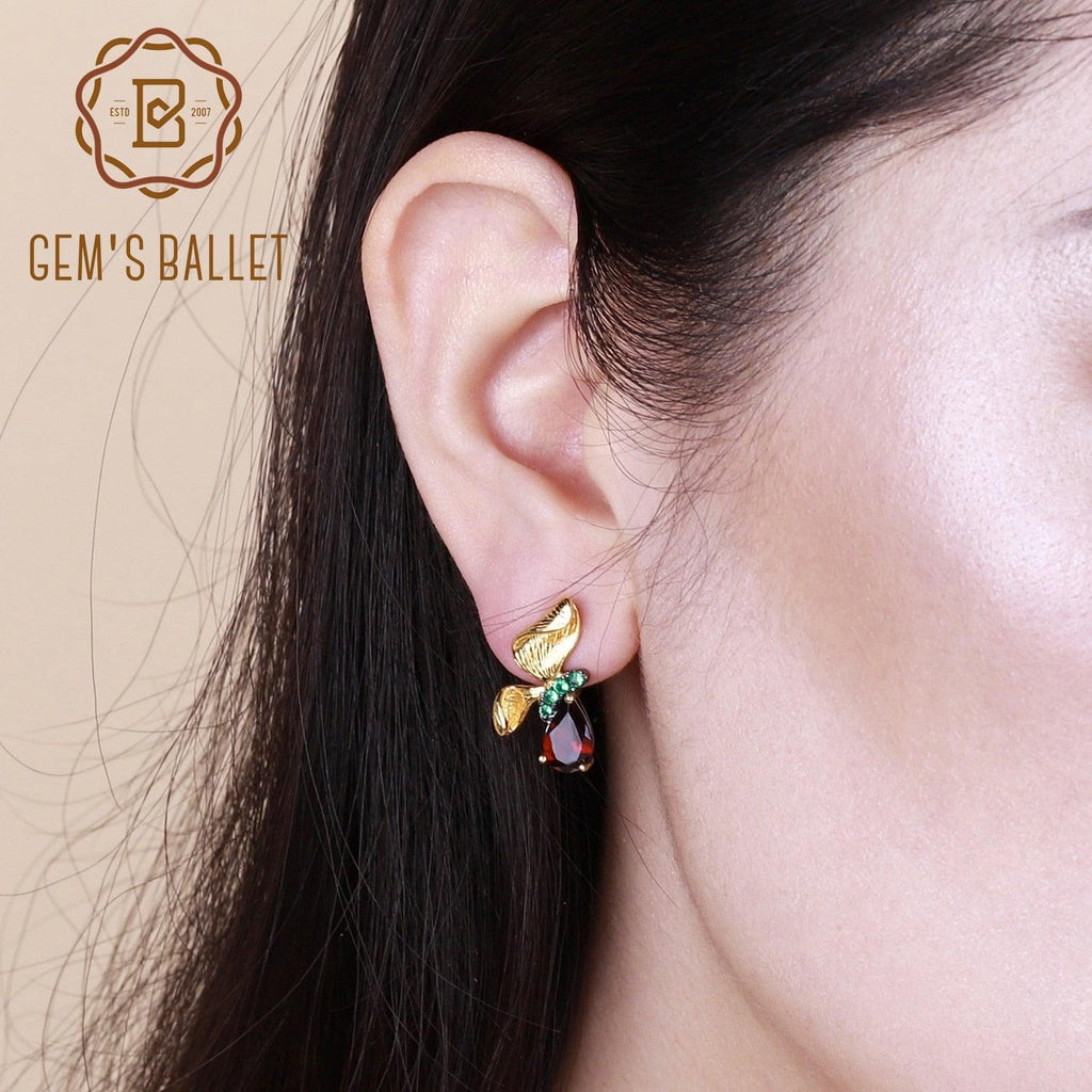 Garnet Gemstone Handmade Butterfly Stud Earrings - TeresaCollections