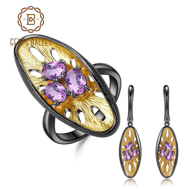 Honeycomb Ring Earrings  Natural Amethyst Jewelry Sets - TeresaCollections
