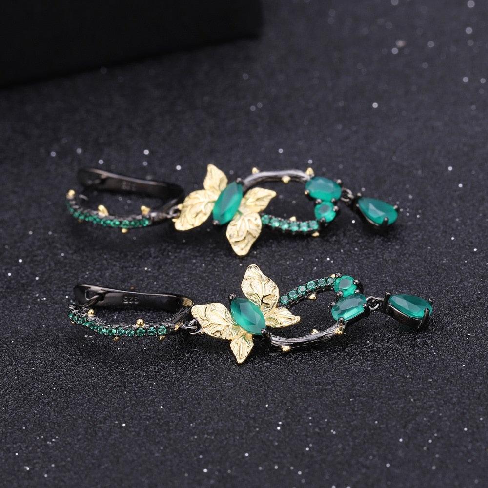Green Agate Handmade Butterfly Elegant Drop Earrings - TeresaCollections