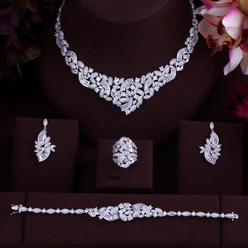 Elegant Bridal CZ Necklace Earrings Bracelet Ring Wedding Jewelry Set - TeresaCollections