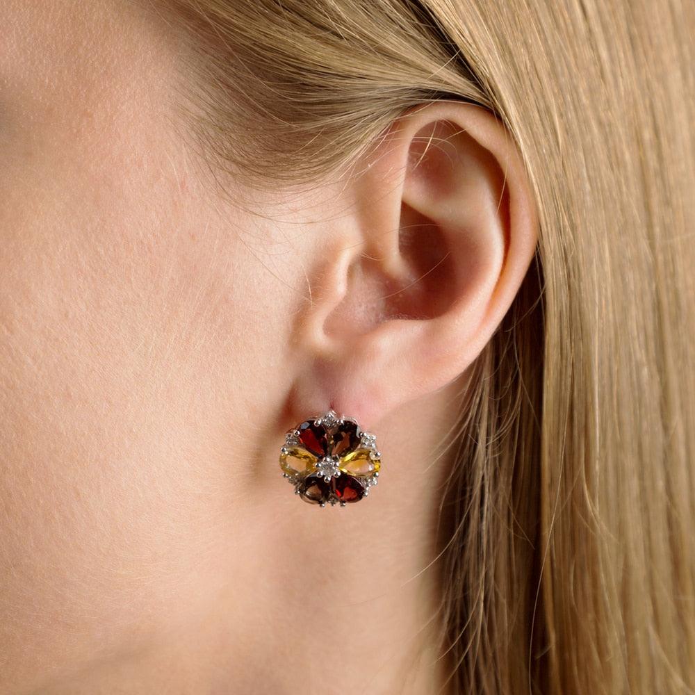 Garnet Smoky Quartz Citrine Flower Earrings Ring Set - TeresaCollections