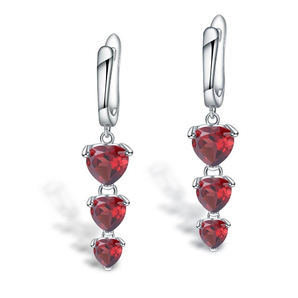 Three Heart Natural Garnet Gemstone Drop Earrings - TeresaCollections