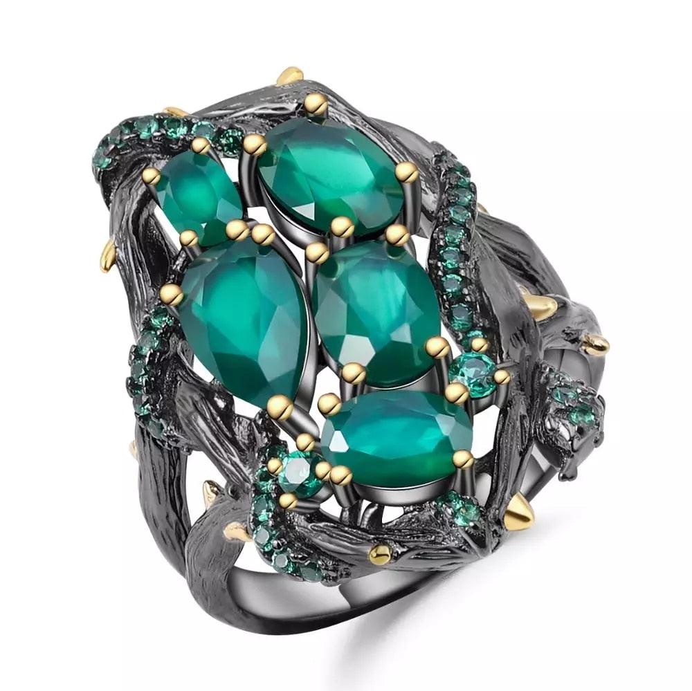 Snake Element Ring Natural Green Agate Gemstone Ring - TeresaCollections