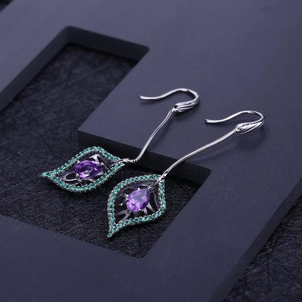 Vintage Natural Amethyst Nano Emerald-Green Leaf Shape Earrings - TeresaCollections