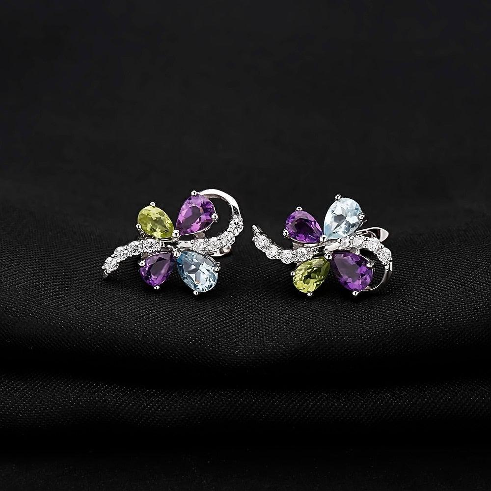 Sky Blue Topaz Amethyst Peridot Mix Gemstone 925 sterling silver Clip Earrings - TeresaCollections