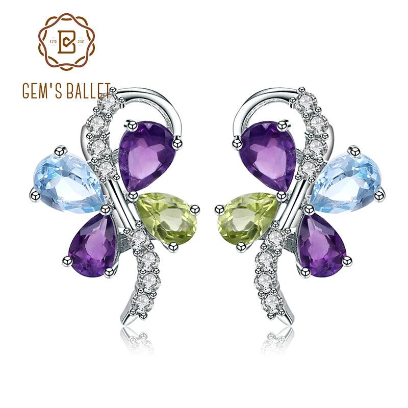 Sky Blue Topaz Amethyst Peridot Mix Gemstone 925 sterling silver Clip Earrings - TeresaCollections
