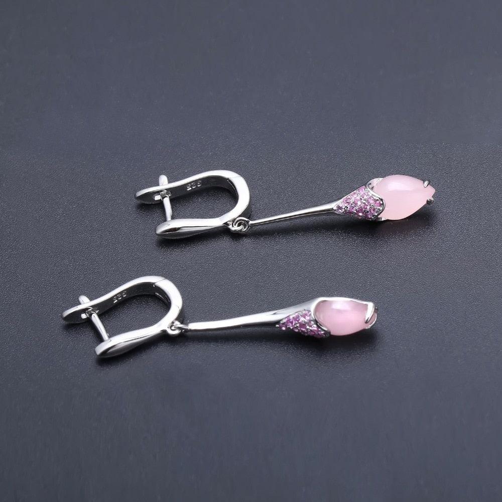 Pink Calcedony Earrings 925 Sterling Silver Gemstone Drop Earrings - TeresaCollections