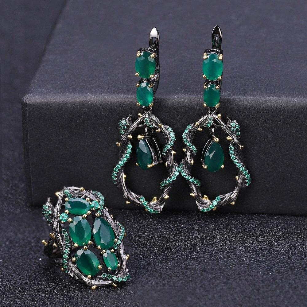 Vintage Drop Natural Green Agate Gemstone Earrings - TeresaCollections