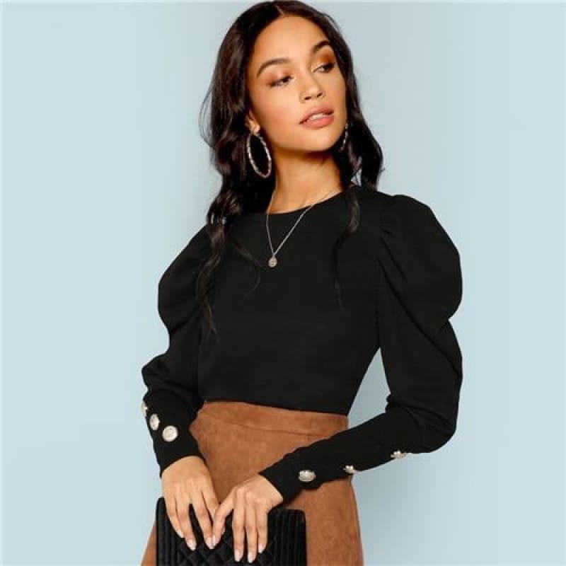 Puff Sleeve With Button Black Long Sleeve Top - Black / L - Long Sleeve
