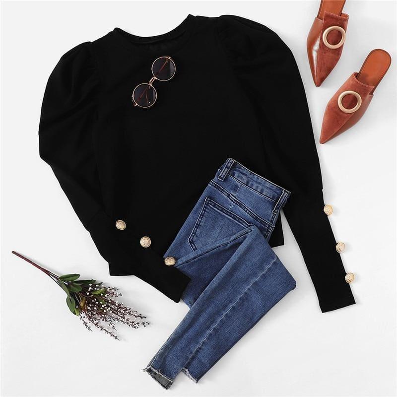 Puff Sleeve With Button Black Long Sleeve Top - Long Sleeve