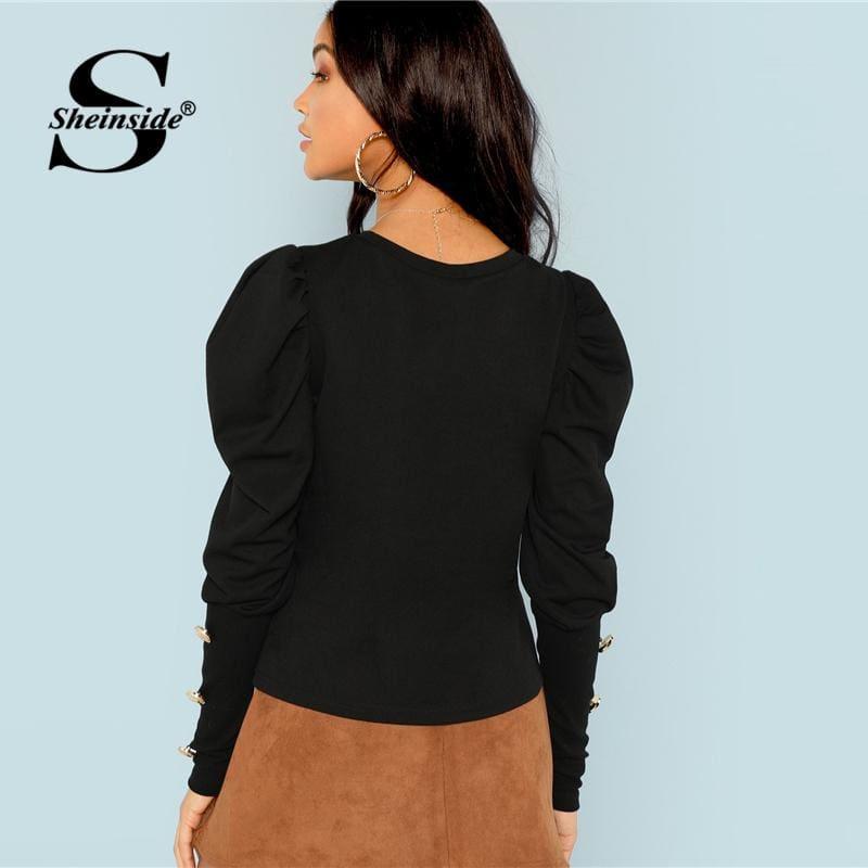 Puff Sleeve with Button Black Long Sleeve Top - Long Sleeve