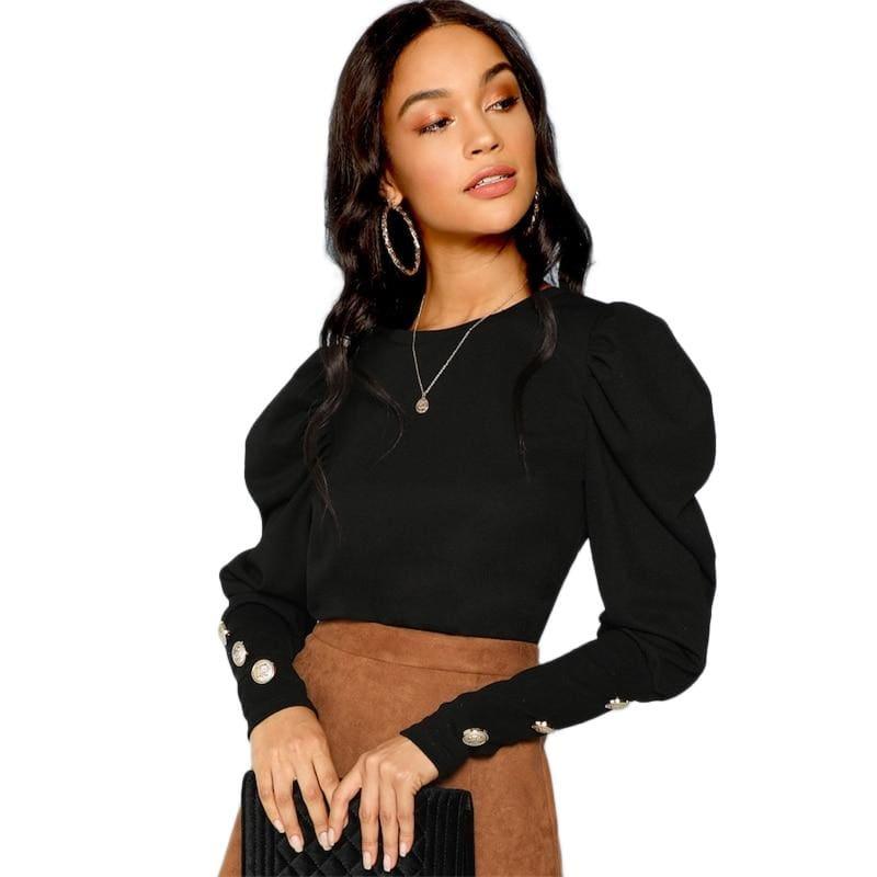 Puff Sleeve With Button Black Long Sleeve Top - Long Sleeve