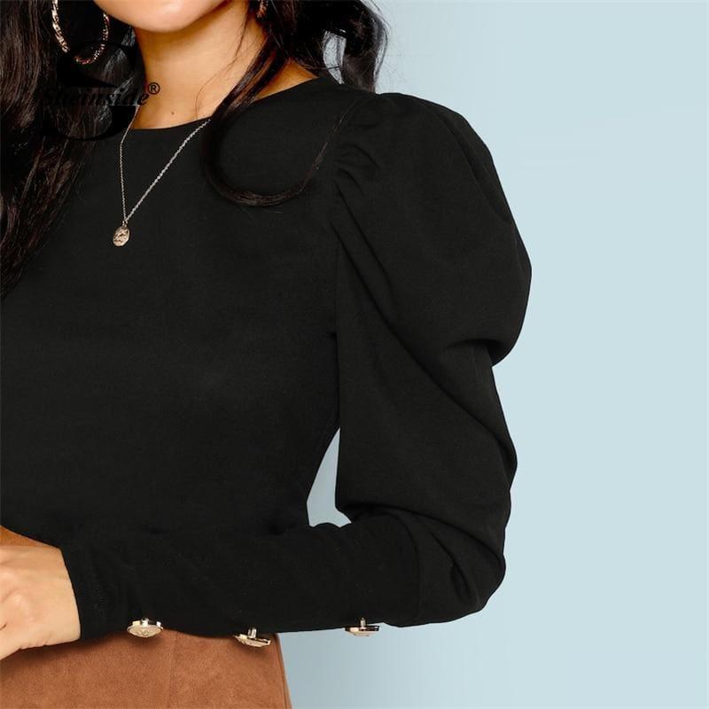 Puff Sleeve With Button Black Long Sleeve Top - Long Sleeve