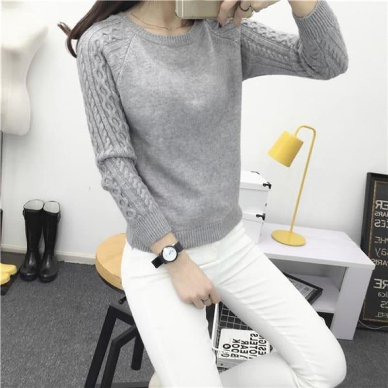 Pullover Solid Basic Knitted Sweater - 66205 gray / One Size - women Sweater