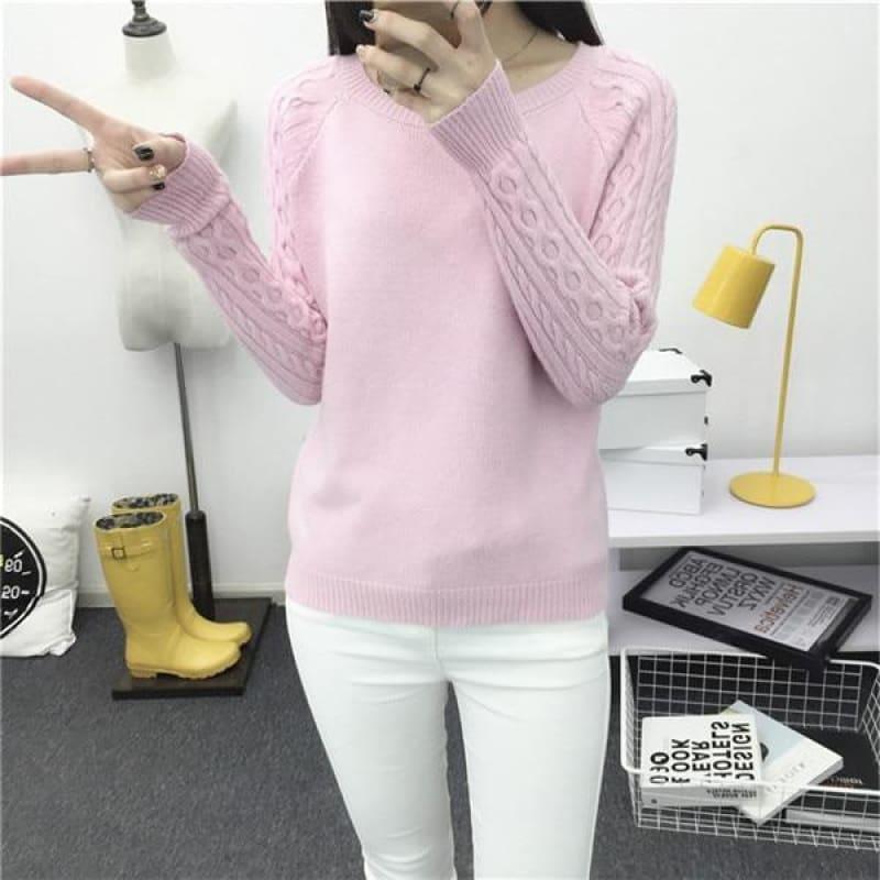 Pullover Solid Basic Knitted Sweater - 66205 pink / One Size - women Sweater