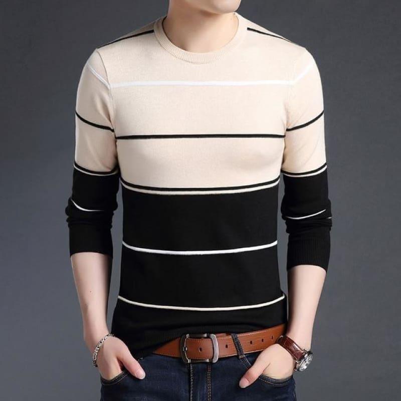 Pullover Striped Slim Fit Jumpers Knitted Woolen Autumn Korean Style Casual Men Long Sleeve Shirt - Camel / Xs - Men