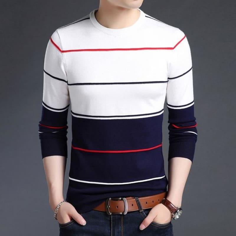 Pullover Striped Slim Fit Jumpers Knitted Woolen Autumn Korean Style Casual Men Long Sleeve Shirt - White / XS - men pullover
