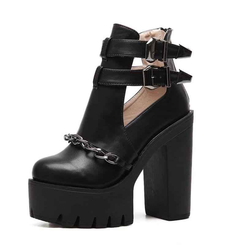 Punk Style Cut-outs Buckle Round Toe Chain Thick Heels Platform Booties - black shoes / 10 - Booties