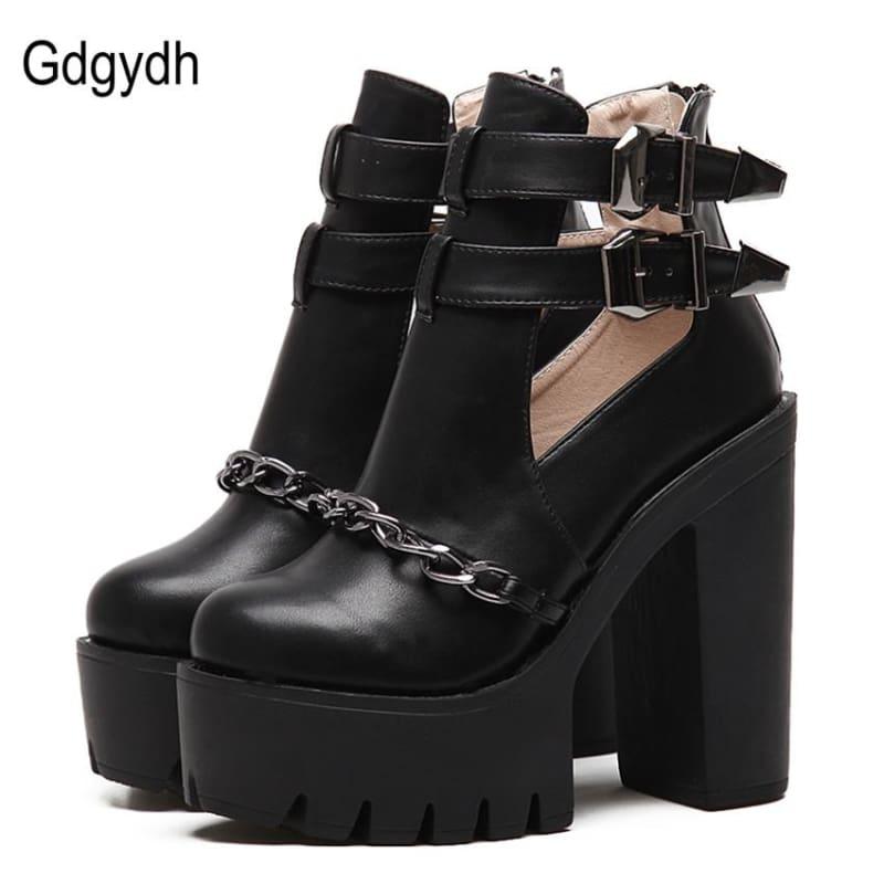 Punk Style Cut-Outs Buckle Round Toe Chain Thick Heels Platform Booties - Booties