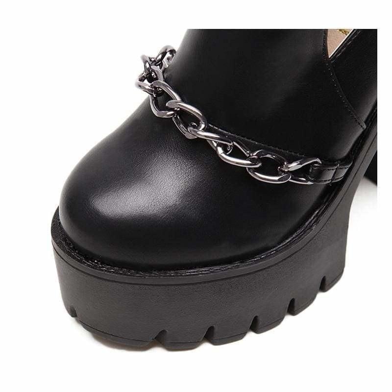 Punk Style Cut-outs Buckle Round Toe Chain Thick Heels Platform Booties - Booties