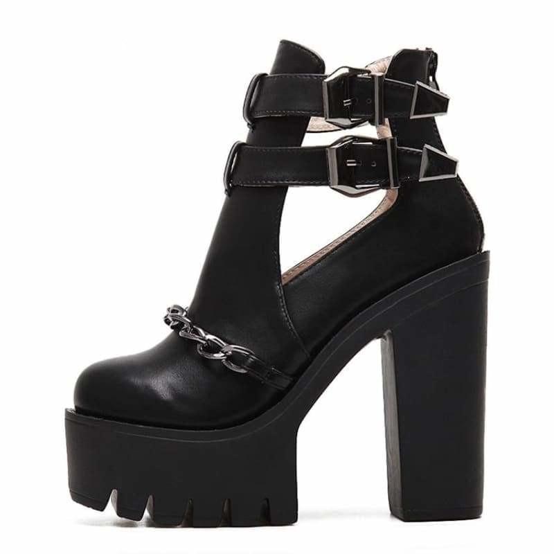 Punk Style Cut-outs Buckle Round Toe Chain Thick Heels Platform Booties - Booties