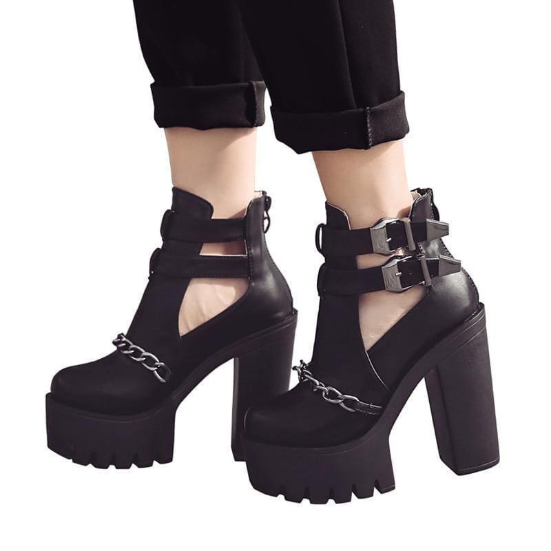 Punk Style Cut-outs Buckle Round Toe Chain Thick Heels Platform Booties - Booties