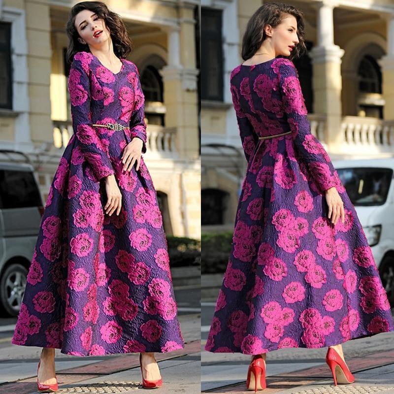 Purple And Fuchsia Long Sleeve Boho Floral Jacquard Dress Fashion Formal Maxi Dress - Gown