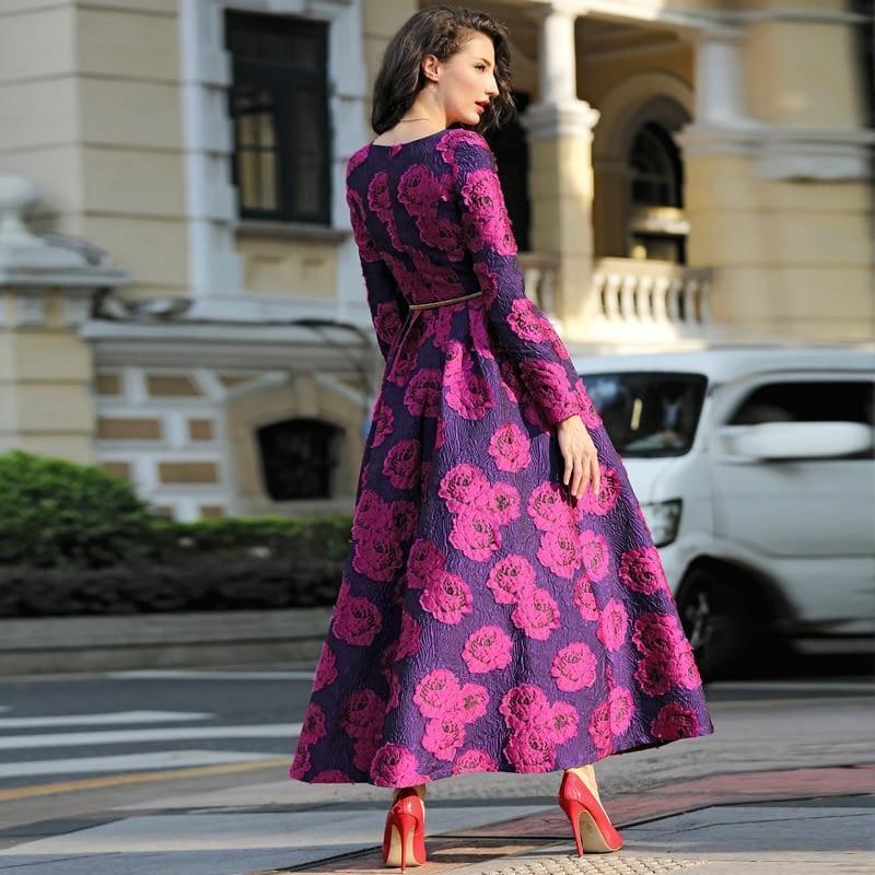 Purple And Fuchsia Long Sleeve Boho Floral Jacquard Dress Fashion Formal Maxi Dress - Gown