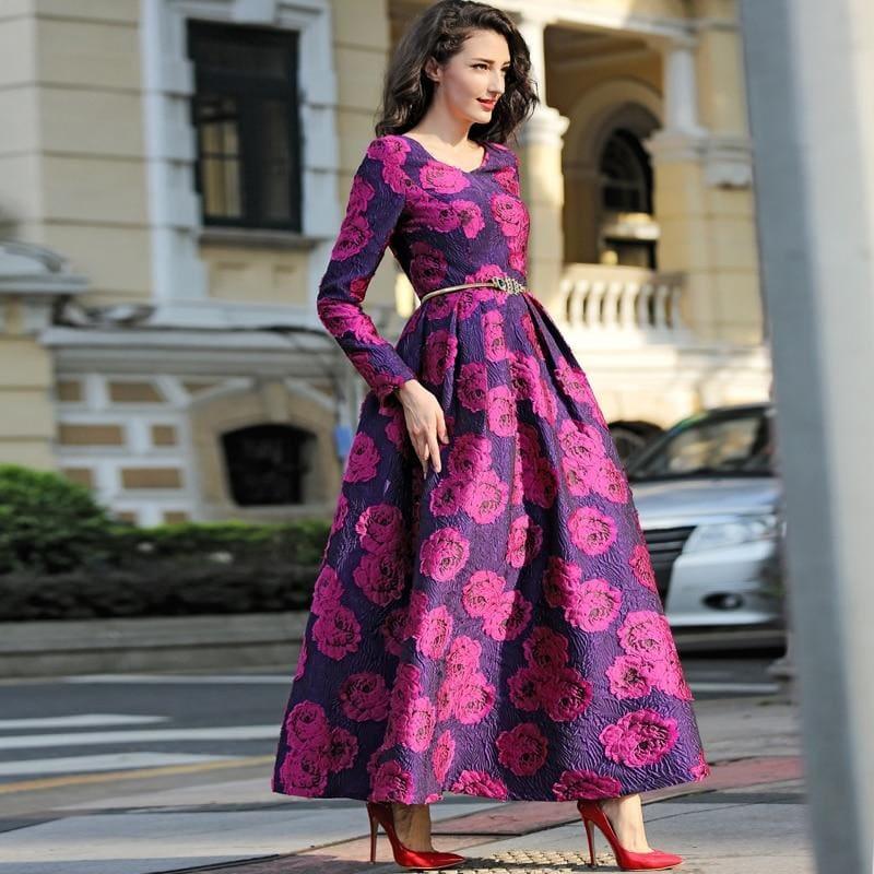 Purple and Fuchsia Long Sleeve Boho Floral Jacquard Dress Fashion Formal Maxi Dress - gown