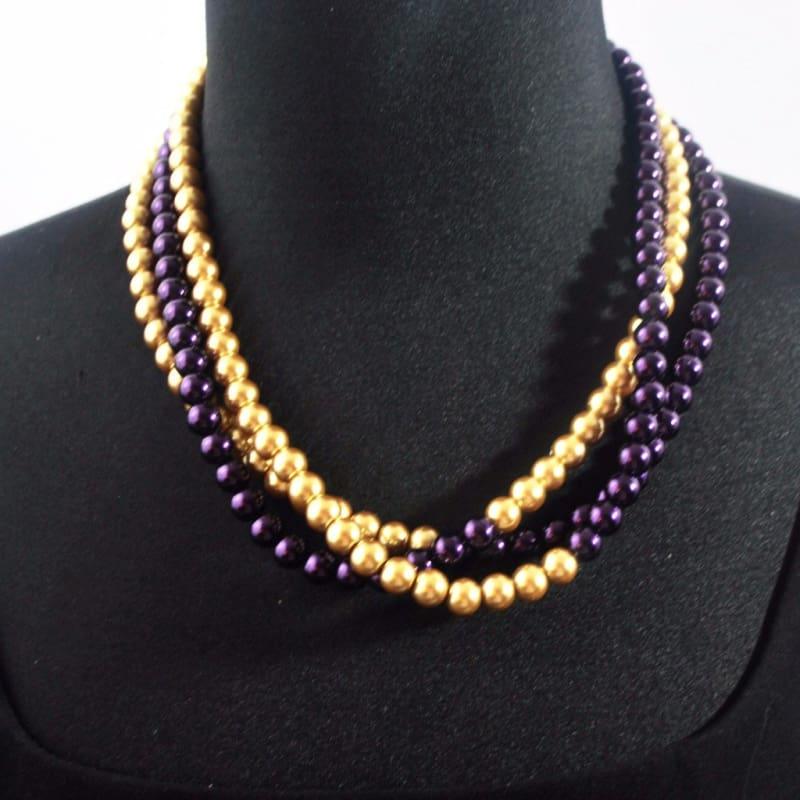 Purple And Gold Color Block Glass Pearls Necklace. - Handmade