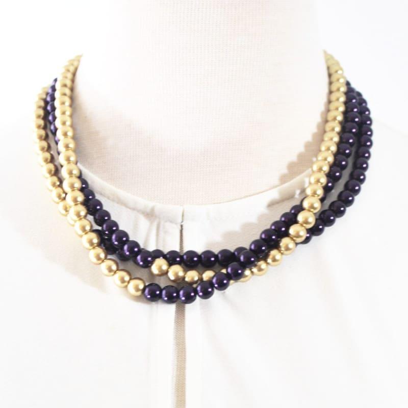 Purple and Gold Color Block Glass Pearls Necklace. - Handmade