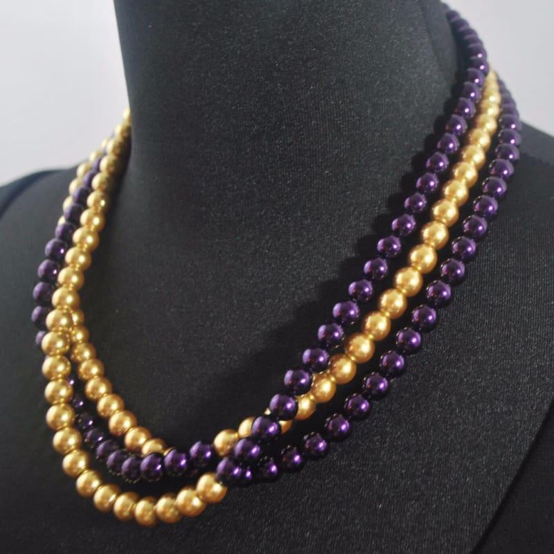 Purple And Gold Color Block Glass Pearls Necklace. - Handmade