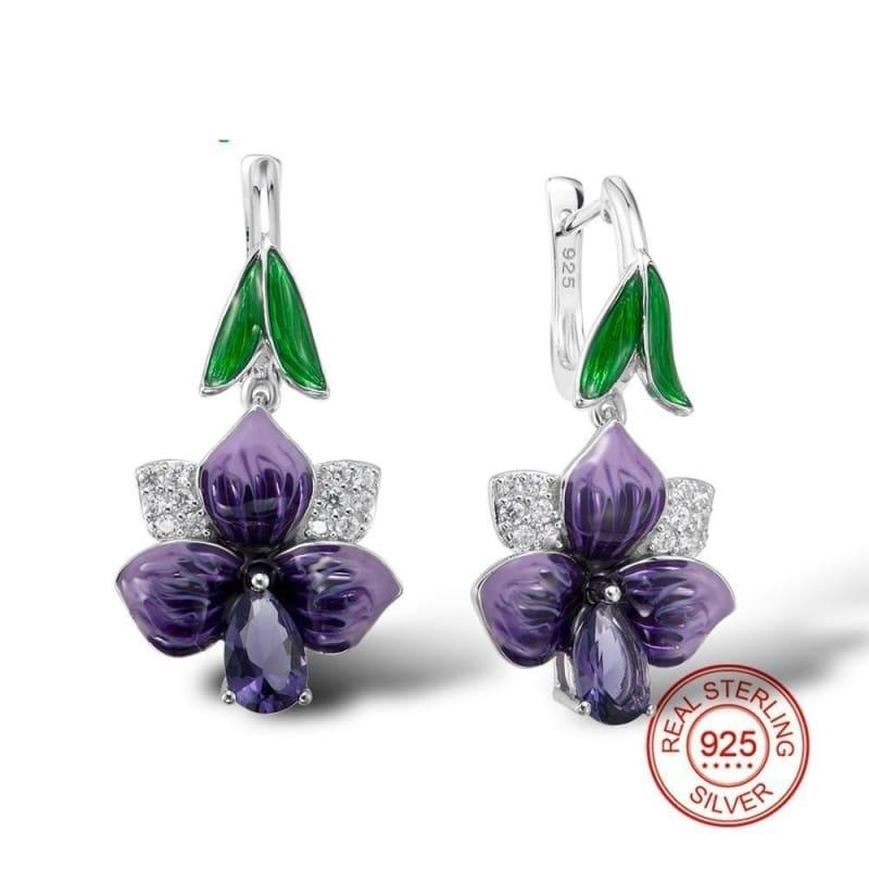 Purple and Green Silver Dangle Earrings Long Silver 925 Cubic Zirconia Earrings - Earrings