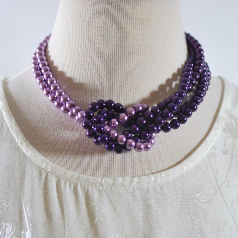 Purple And Lavender Glass Pearls Inter Loop Beaded Necklace. - Handmade