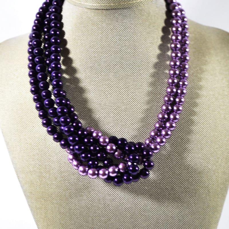 Purple And Lavender Glass Pearls Inter Loop Beaded Necklace. - Handmade